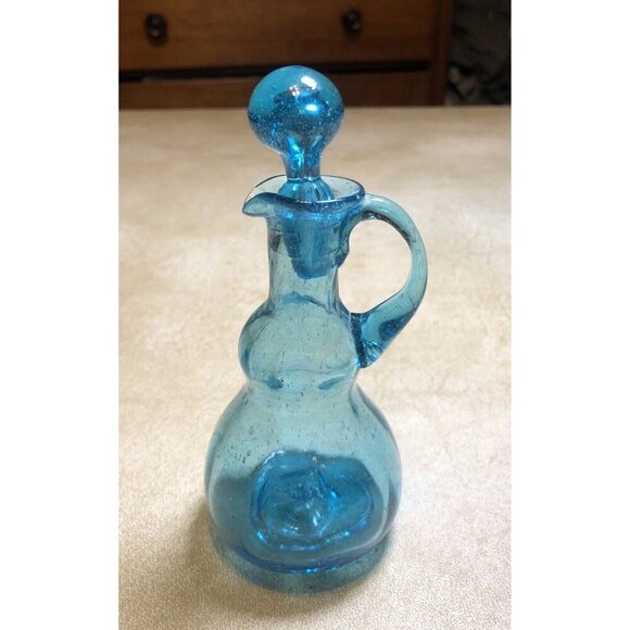Aqua Glass Hand Blown Vinegar Cruet with Stopper Vintage - Picture 3 of 8